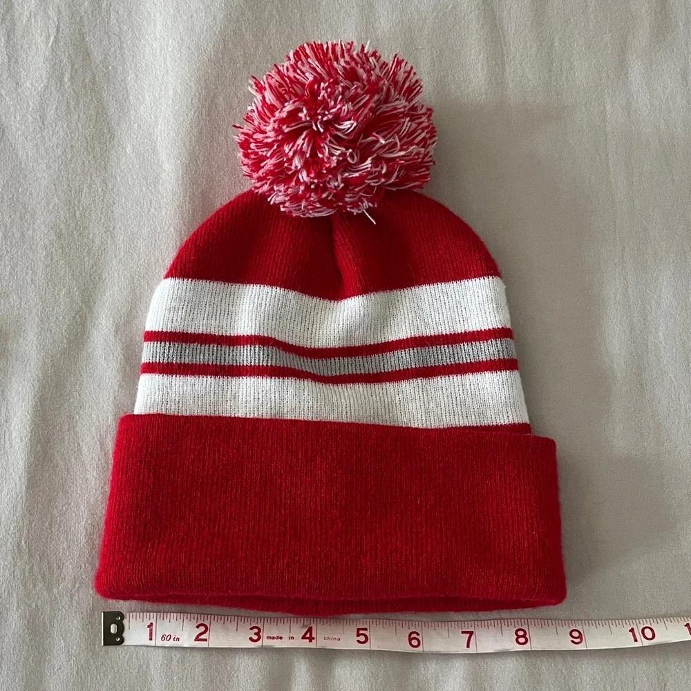 City Hunter Red White Gray Knit Beanie Stocking Cap Pom Pom One Size Guy/Girl